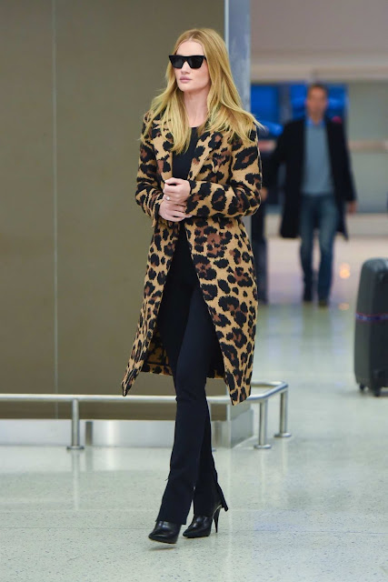 Rosie Huntington-Whiteley in Animal Print Coat Travel Style at JFK Airport