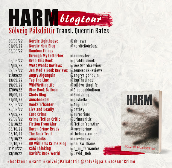 Blog tour poster for book "Harm" by Sólveig Pálsdóttir