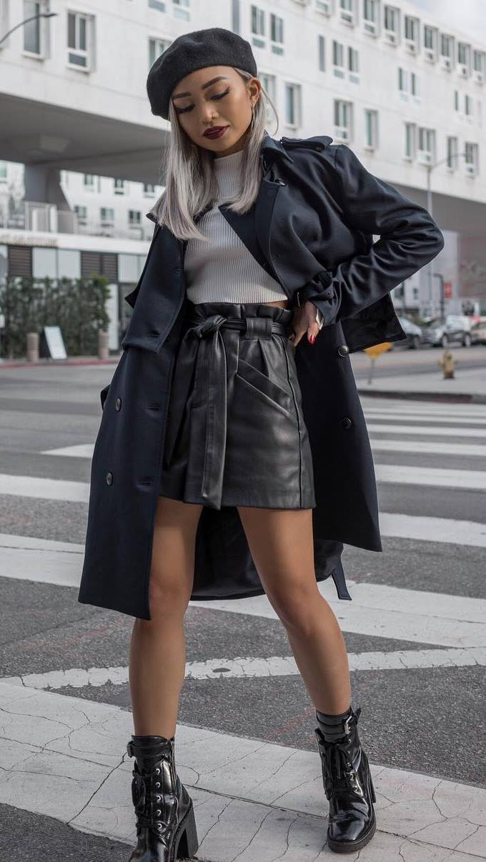 stylish look / trench coat + leather skirt +  + boots + hat + top