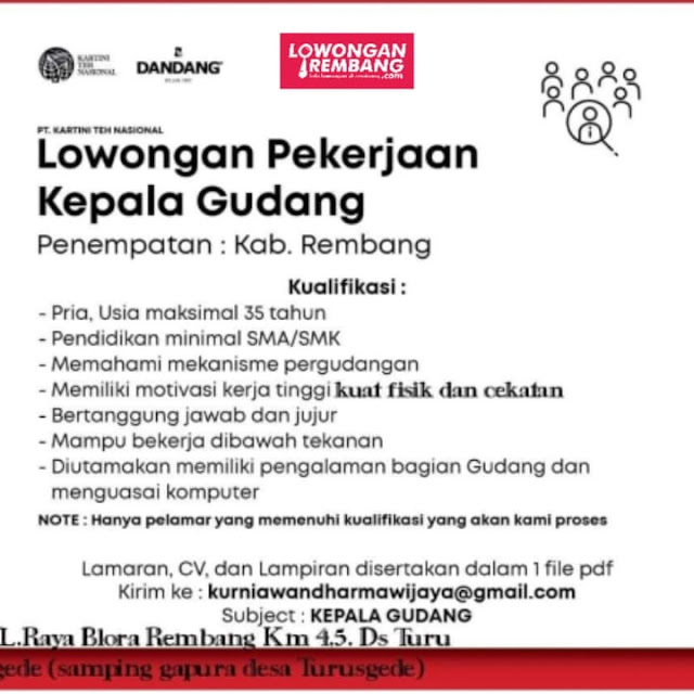 Lowongan Kerja Pegawai Kepala Gudang PT Kartini Teh Nasional (Teh Dandang) Rembang