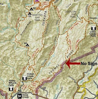 location of missing hiking trail sign in the Deep Creek section of the Great Smoky Mountains national park