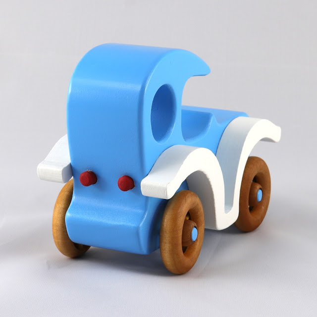 Wood Toy Car, Classic Model-T Sedan, Finished in Baby Blue, White, & Amber Shellac, Bad Bob's Custom Motors