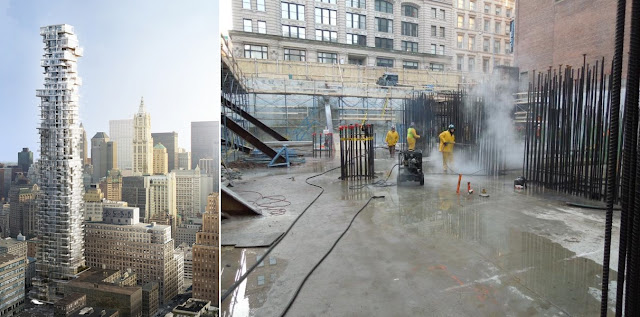 Picture of the 56 Leonard Street construction site and rendering showing finished tower