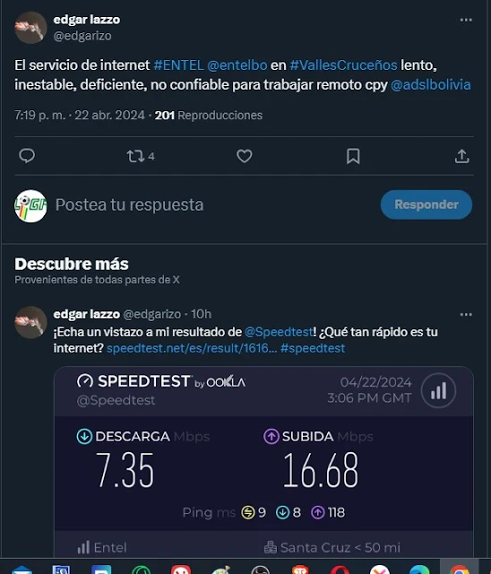 Muchos usuarios de Bolivia se quejan del Internet de Entel hoy lunes 22 de abril