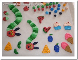 Marshmallow Fondant Caterpillars, Cheese, Pickles, Plums, Ice Cream Cone, Watermellon, Cupcakes, Strawberries, Plums, decorative balls, and more