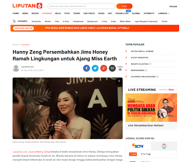 Hanny Zeng Persembahkan Jims Honey Ramah Lingkungan untuk Ajang Miss Earth