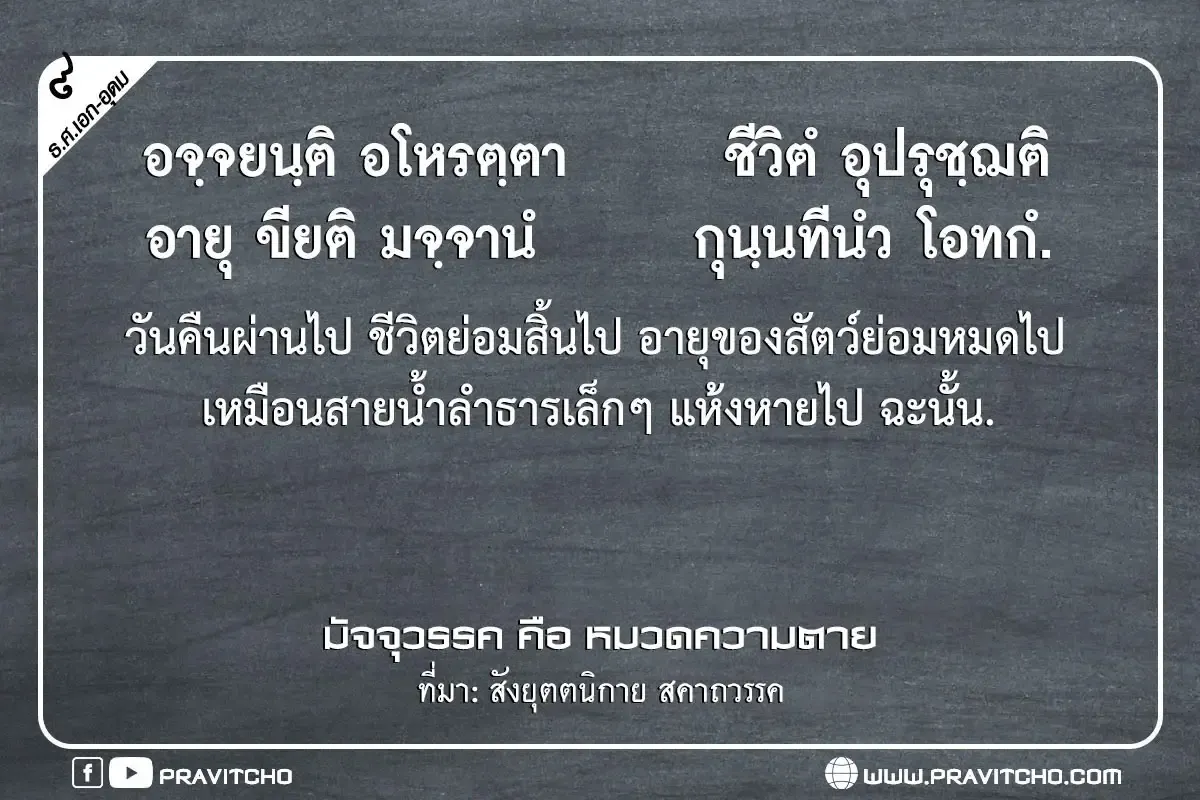 วันคืนผ่านไป ชีวิตย่อมสิ้นไป อายุของสัตว์ย่อมหมดไป เหมือนสายน้ำลำธารเล็กๆ แห้งหายไป ฉะนั้น