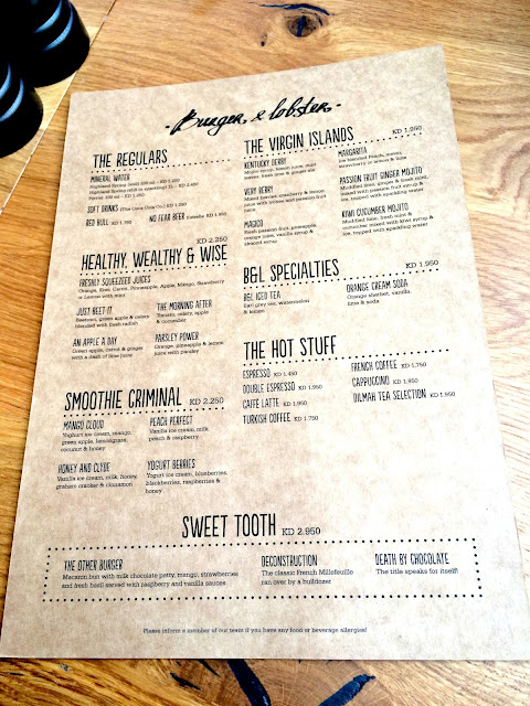 Menu Card for Drinks and Desserts at Burger & Lobster, Kuwait