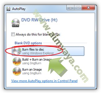  Gambar: Memilih opsi burning ke CD/DVD 