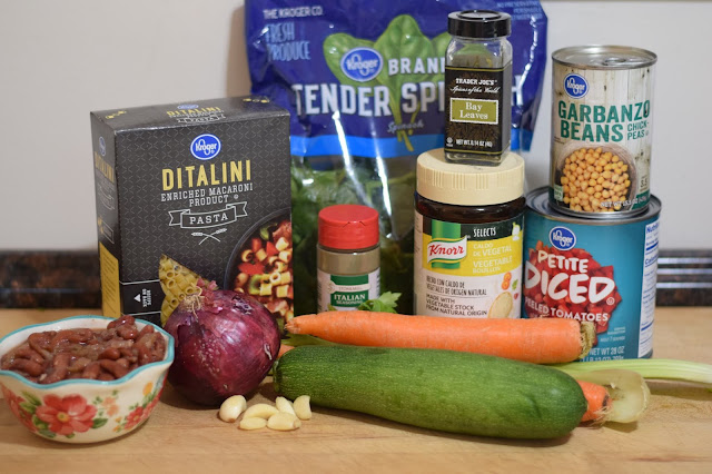 All of the ingredients needed to make the one pot vegan minestrone soup recipe.