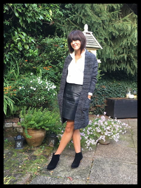 My Midlife Fashion, Zara Oversized Cardigan, A Line Faux Leather Skirt, H and M Ruffle Blouse, Mango Ankle Boots