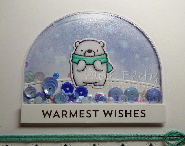 Christmas snow globe shaker card using MFT Bitty Bears and snow globe die