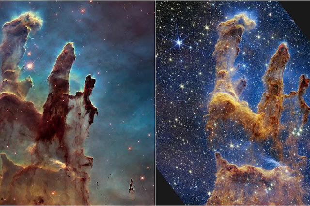La imagen JWST de los icónicos Pilares de la Creación, Izquierda Hubble, derecha James Webb: Imagen: NASA