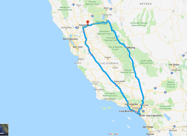 Map of route from Folsom to Long Beach and Orange County and back