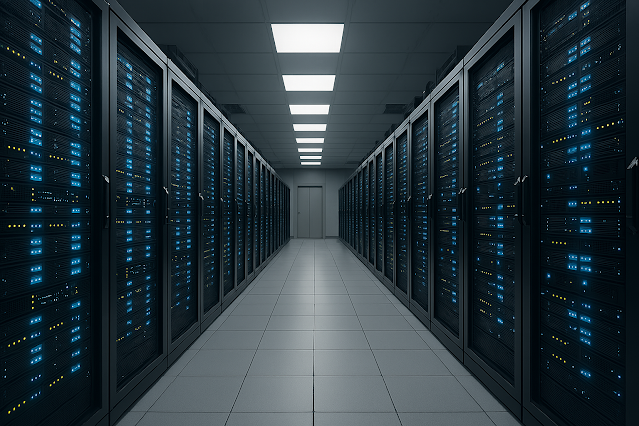 Rows of server racks and blinking lights inside a modern data center, representing digital infrastructure growth.