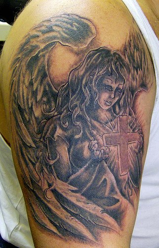 Black Ink Tattoo of Angel with