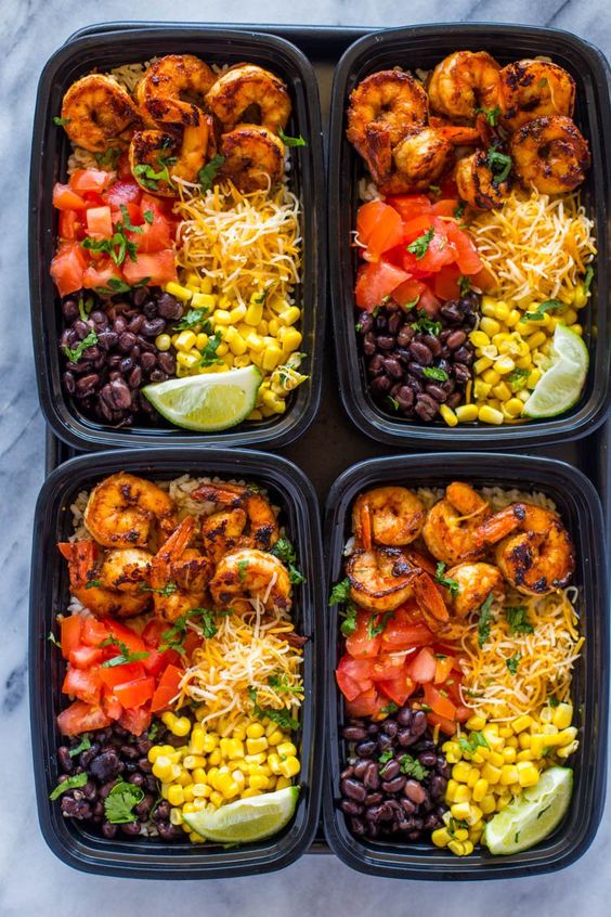 Healthy Shrimp Taco Meal Prep Bowls - add 4 more blocks of protein and the entire recipe would be 28 blocks, or (7) 4 block meals