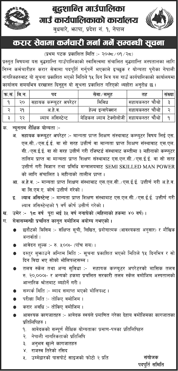 Buddhashanti Rural Municipality, Jhapa Job Vacancy for Assistant Computer Operator, AHW and Lab Assistant