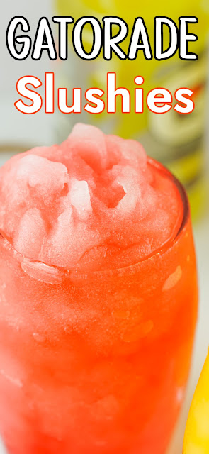 red slushie in a glass with a recipe title text overlay.