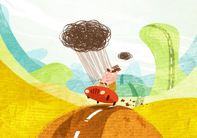 Michael Mantel Illustration Zeichnung Aprilwetter Regen Schauer Cabriolet nass trocken wolke Verfolgungswahn Pechvogel Unglücksrabe