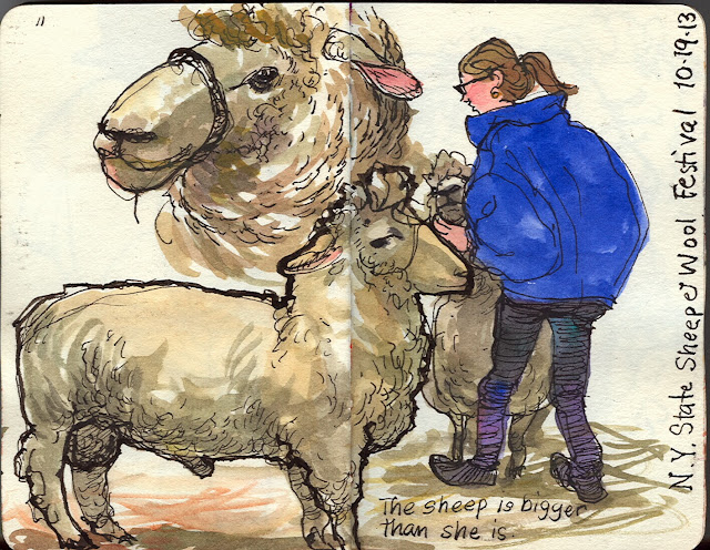 pen & ink with watercolor sketch: sheep portraits, tiny young woman with her much larger sheep. 