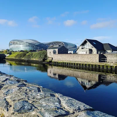 View of Aviva Stadium across the River Dodder in Dublin Ireland