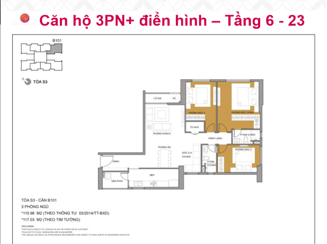 Căn hộ 3 phòng ngủ+ tầng 6 - 23  Dự Án Seasons Avenue