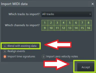 Изображение окна Import midi data в нотном редакторе