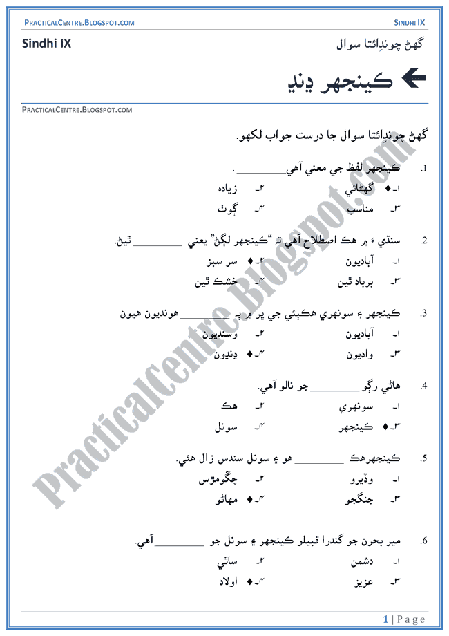 keenjhar-jheel-multiple-choice-questions-sindhi-notes-ix