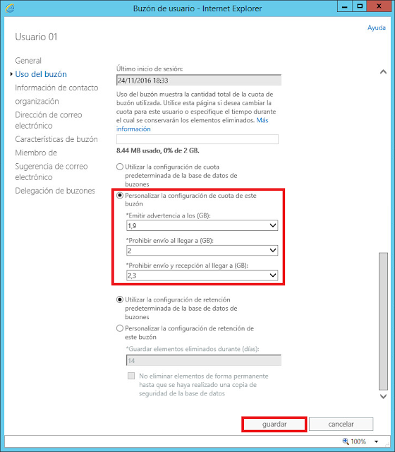 Personalizar la configuración de cuota de este buzón