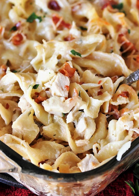 Close-Up of Turkey-Bacon Alfredo Casserole with Egg Noodles Image