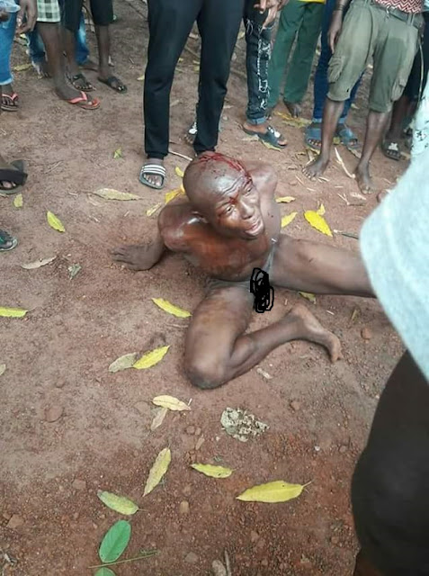 Photos: Man stripped, beaten and nearly killed for stealing Keke in Umuahia