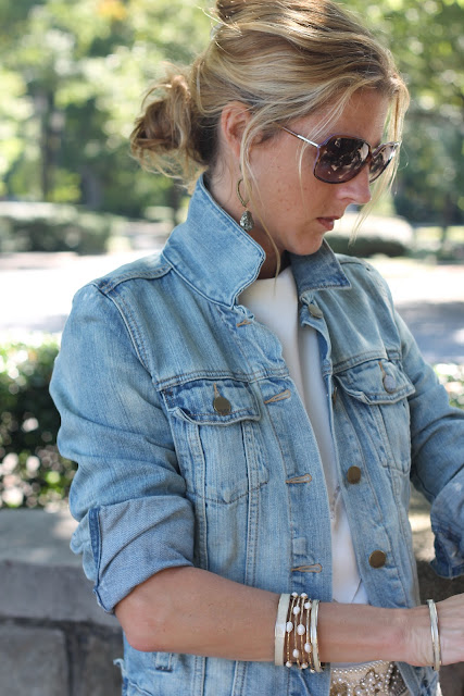 Grandmother's Dress, Gap 1969 Favorite Denim Jacket, Blinde Sunglasses, Liora Manne Clutch, Melinda Maria Cocktail Ring, Luv Aj Earrings, Ann Roth Soes, Zara Belt