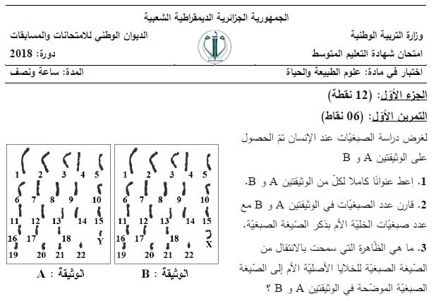 موضع العلوم الطبيعية لشهادة التعليم المتوسط 2018 مع التصحيح النموذجي