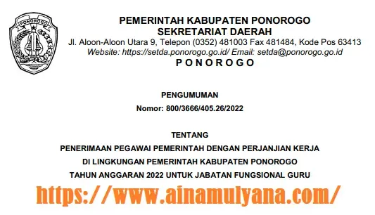 Rincian Penetapan Kebutuhan atau Formasi ASN PPPK Kabupaten Ponorogo Tahun 2022