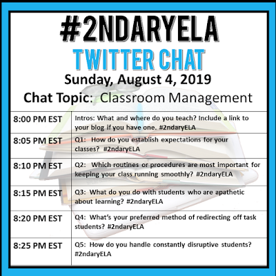 Join secondary English Language Arts teachers Sunday evenings at 8 pm EST on Twitter. This week's chat will be about classroom management.