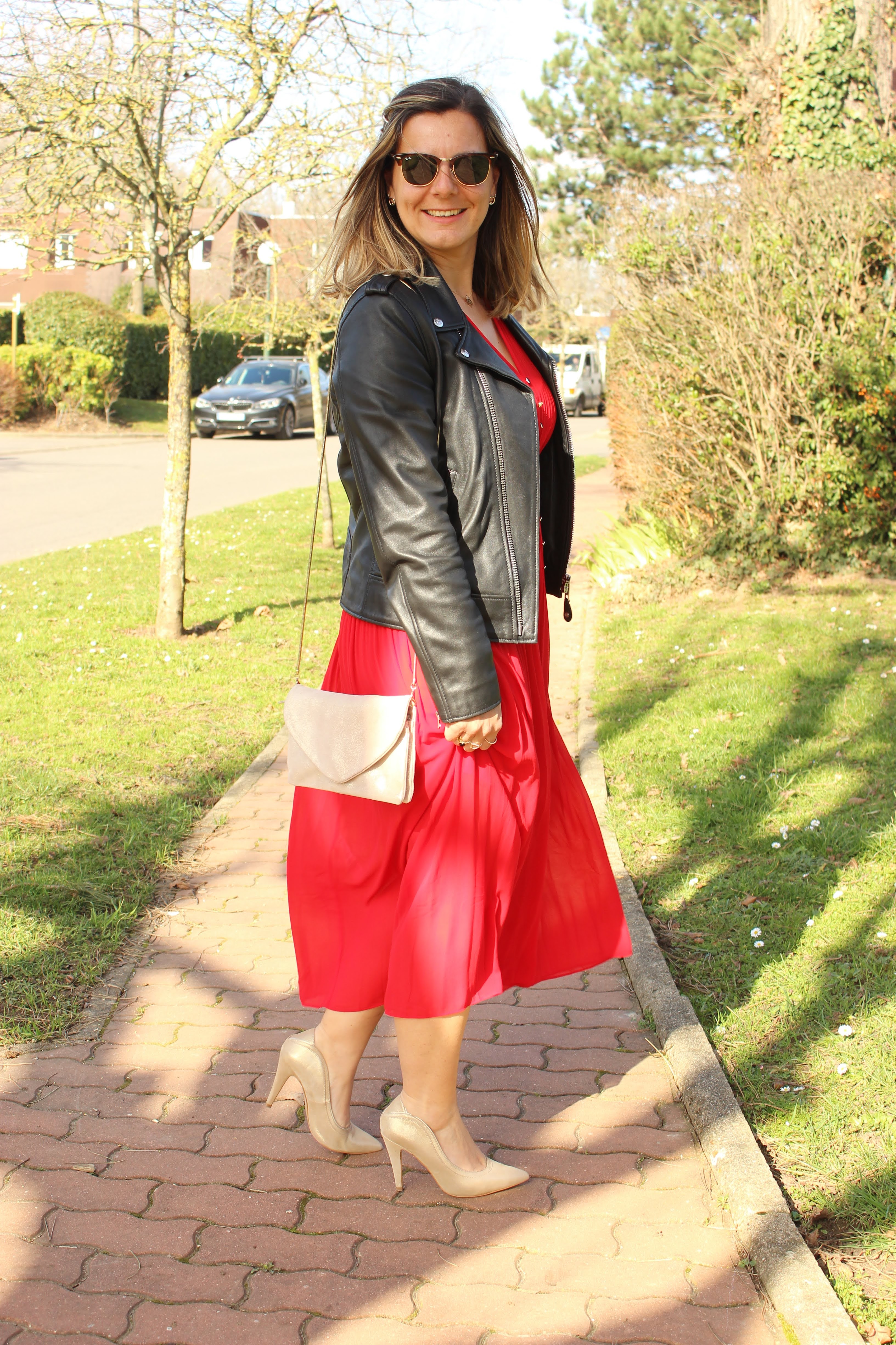 Robe rouge Maje, escarpins Minelli, look du jour, Les petites bulles de ma vie