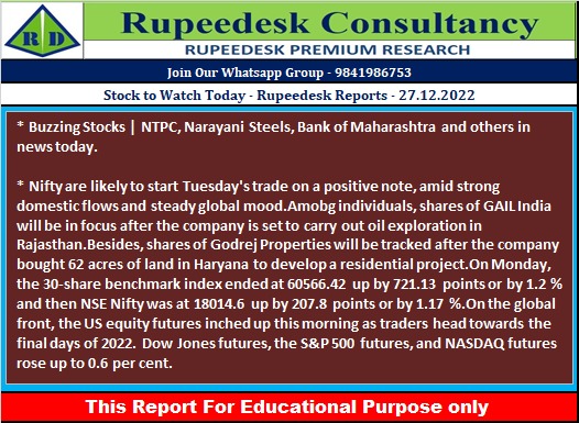 Stock to Watch Today - Rupeedesk Reports - 27.12.2022