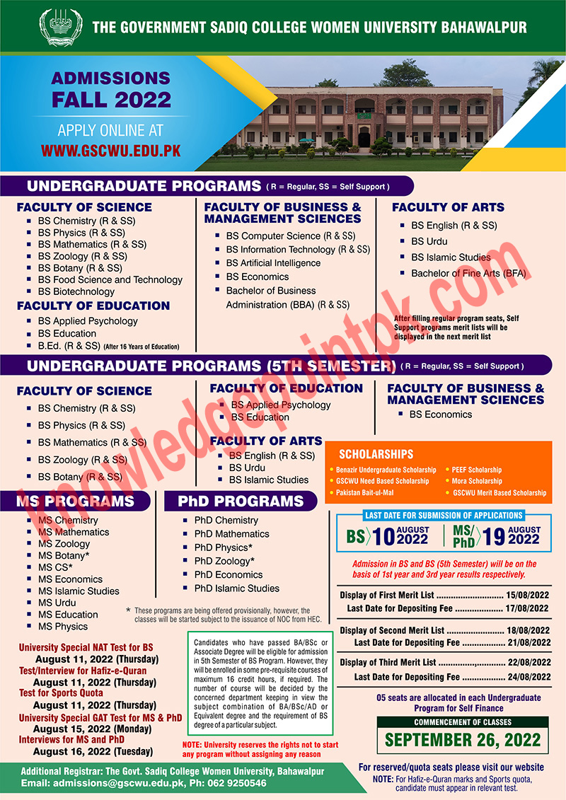 GSCWU Bahawalpur Admission Open  Fall 2022 BS, BS (5th), MS and PhD Programs