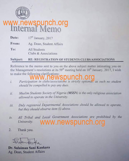 Buhari's Home State, Katsina Varsity Islamize Institution, Bans Christian Groups, Okays Muslim Society; See Raw Copy Of Memo