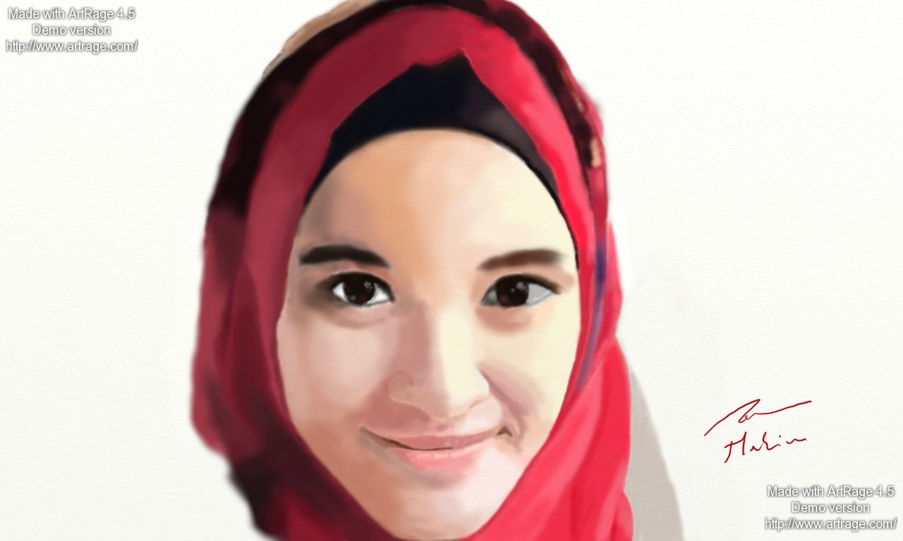 Menggambar Wajah Alyssa Soebandono Memakai Hijab Merah Dalam