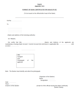 Format of Bank Certificate for Issue of IEC Code