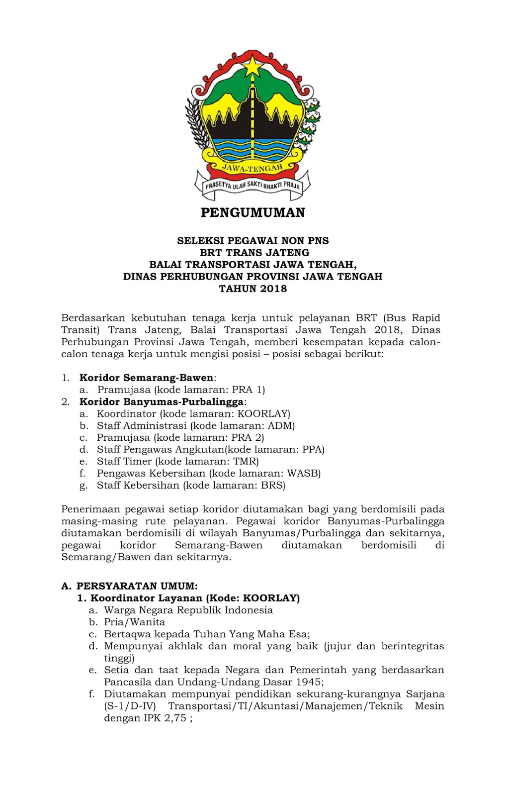 Rekrutmen Non Pns Dinas Perhubungan Provinsi Jawa Tengah