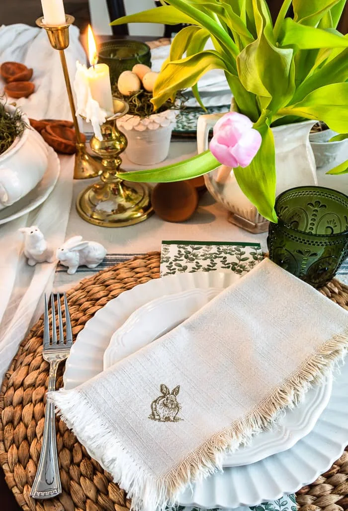 Easter table, bunny napkin, tulips, ironstone