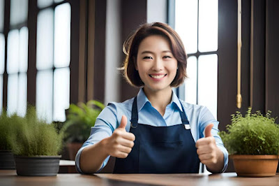 Female bonsai tree expert displaying two thumbs up standing between multiple captivating bonsai tree displays for Labor Day