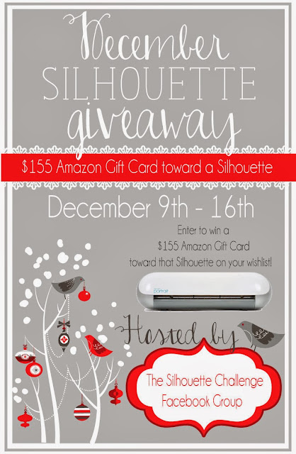 December Silhouette #Giveaway hosted by the Silhouette Challenge Facebook Group .  Enter to win a $155 Amazon gift card toward a Silhouette.  Giveaway runs from December 9, 2013 to December 16, 2013.  Enter at http://www.Pitterandglink.blogspot.com! 