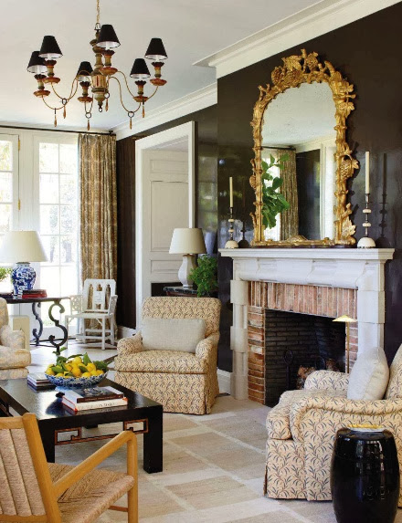 large black walls living room gold accents beige neutral furniture  