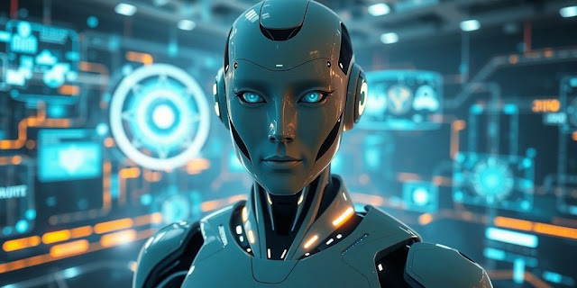 Futuristic AI agent in a digital landscape with holograms.