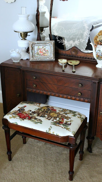 Guest Bedroom Vanity Stool Reupholstered with Kravet Guinevere Festival Toile; a french farmhouse pattern