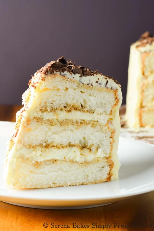 Tiramisu Cake is Angel Food Cake filled with mascarpone filling for a gorgeous dessert recipe! Tiramisu Angel Food Cake from Serena Bakes Simply From Scratch is a stunning dessert! 